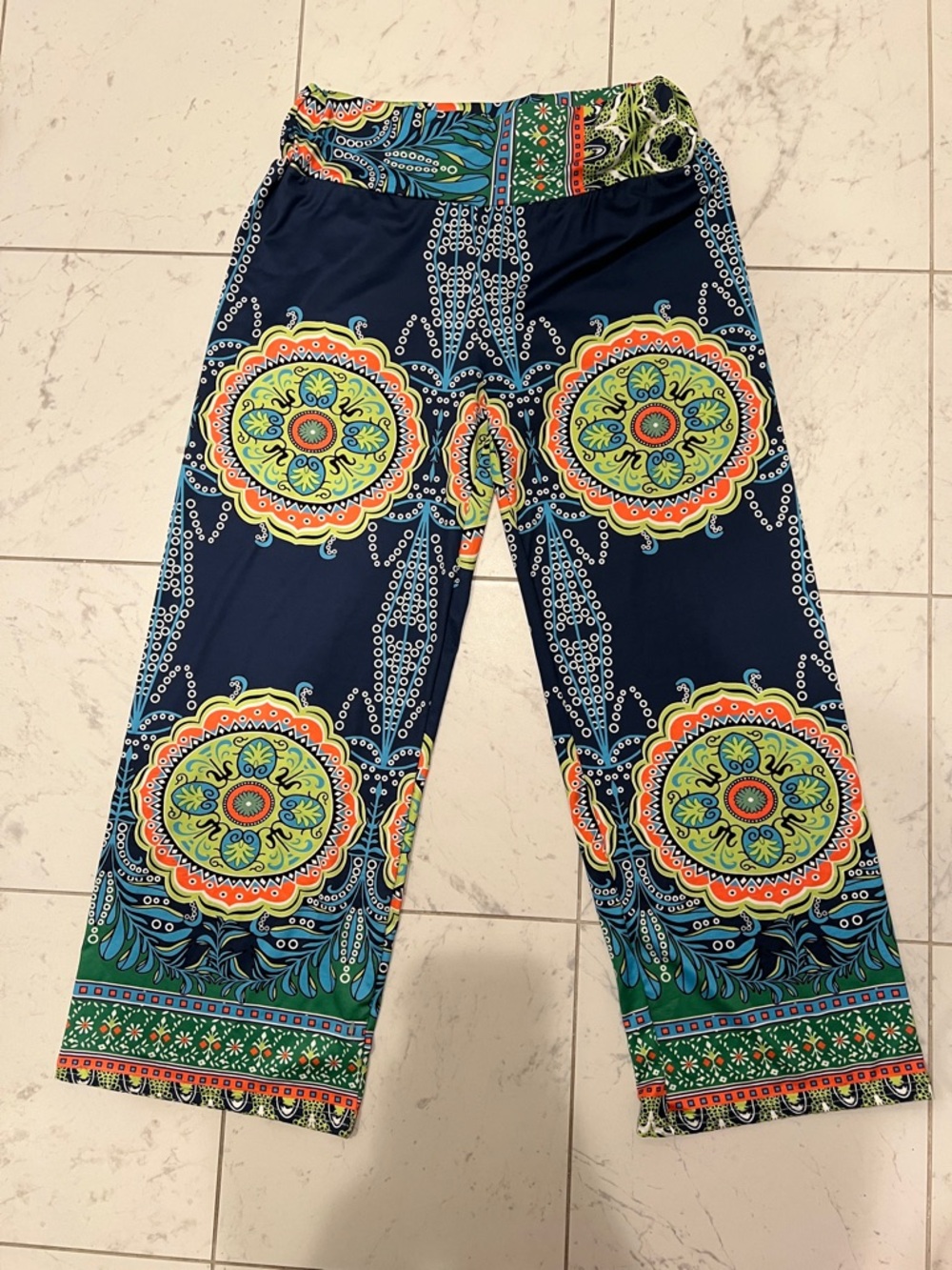 Navy Blue Boho Medallion Print Wide Leg Pants